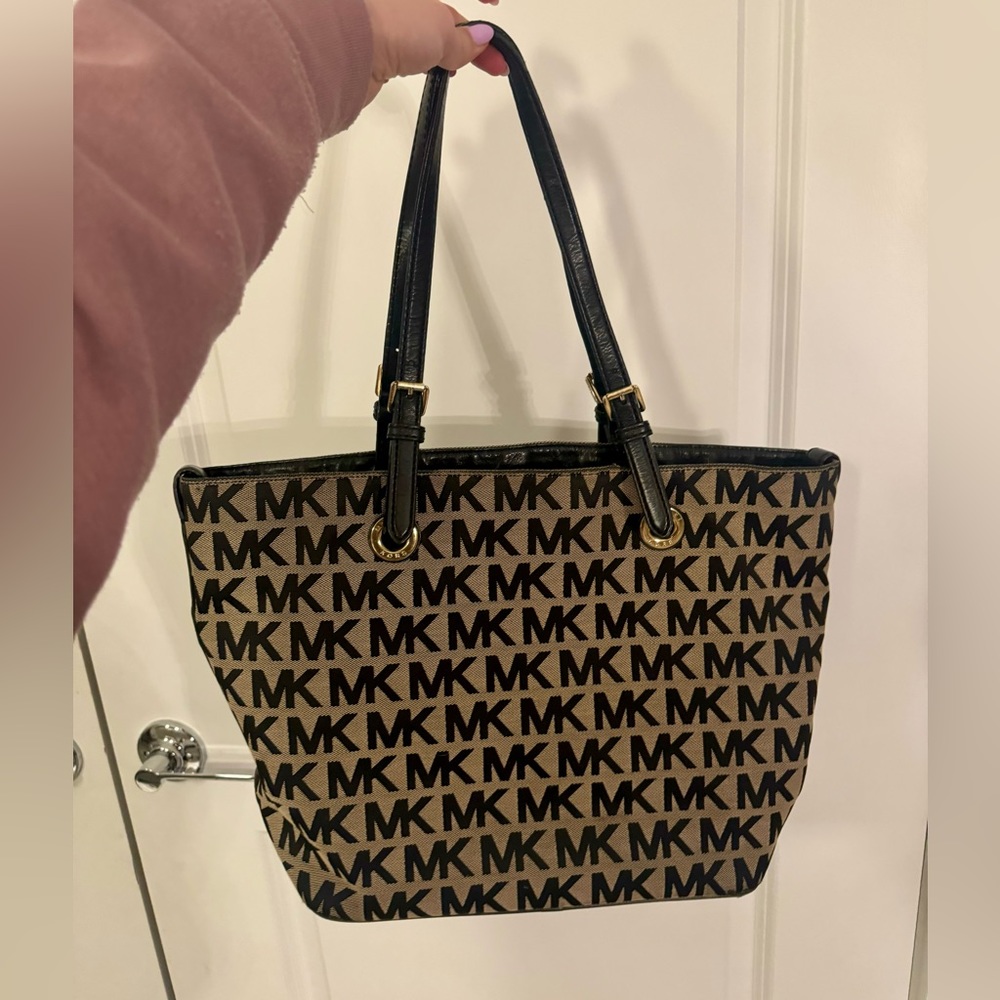 Michael Kors Black and Tan Canvas Tote Purse